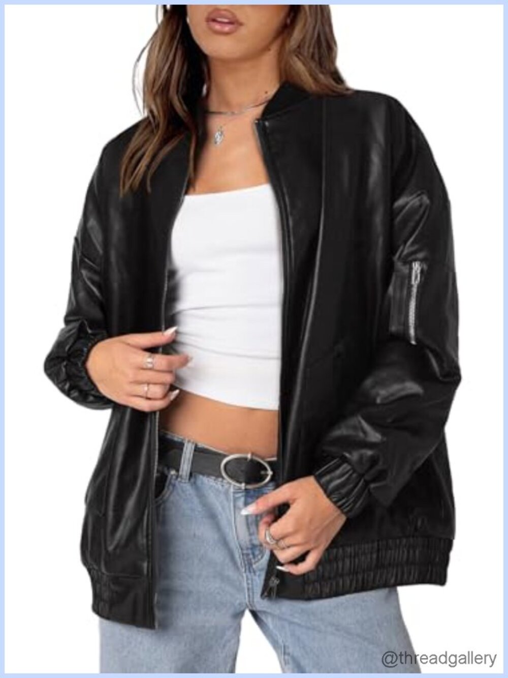 Faux Leather Motorcycle Bomber Jacket Women Oversized Zip Up Long Sleeve Winter
